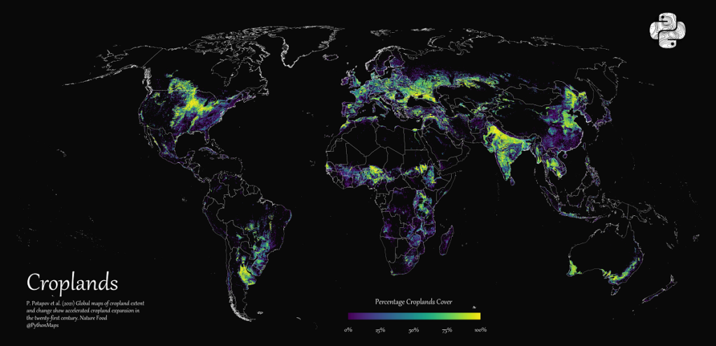 Mapa do mundo mostrando a porcentagem de área cultivada