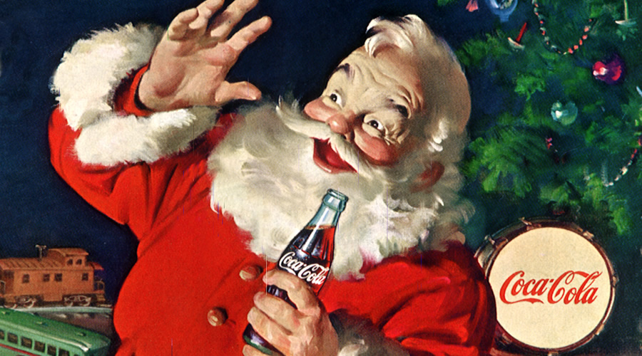 Anúncio vintage da Coca-Cola com o Papai Noel segurando uma garrafa de Coca