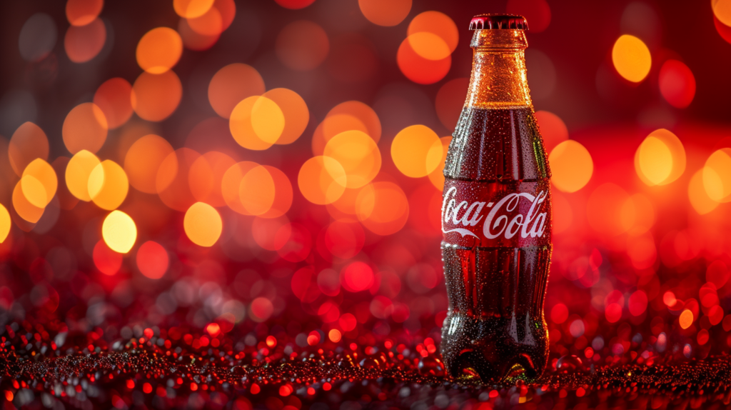 Garrafa de Coca-cola suando com luzes vermelhas ao fundo