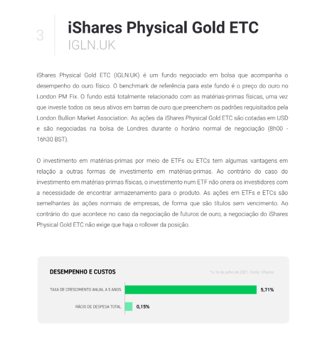 Descrição do ETC de ouro físico com taxa de crescimento de 5,71% e despesas totais 0,15%